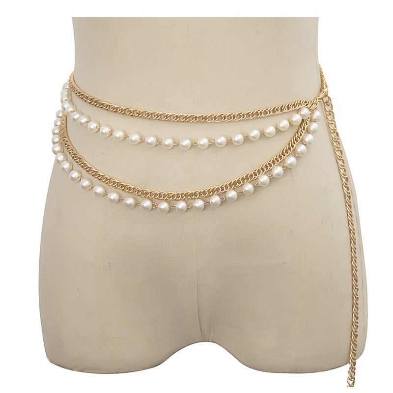 Belt xích lồng dây đính ngọc trai nhân tạo/ Thắt lưng kim loại/ Đai váy thiết kế nhiều lớp cá tính dành cho phái nữ