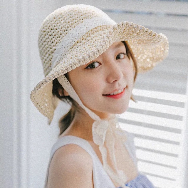 Mũ cói mềm dây ren thắt nơ Nón dây ren phong cách hàn quốc