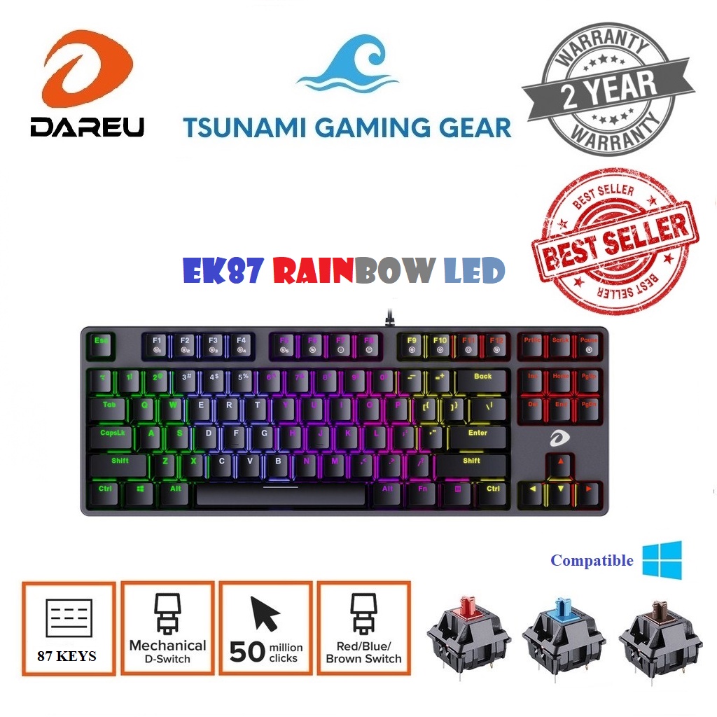 Phím cơ DareU EK87 87-KEY Multi Color I Rainbow Led I - phiên bản mới nhất 2022 - Bảo hành 2 năm