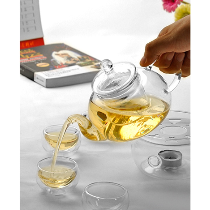 Bộ Ấm Chén Trà Thủy Tinh có lõi lọc Chịu Nhiệt 600ml Kèm 6 Cốc 2 Lớp BỘ ẤM TRÀ thủy tinh chịu nhiệt