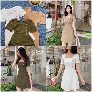 Váy đũi cổ vuông phối cúc lệch xinh xắn