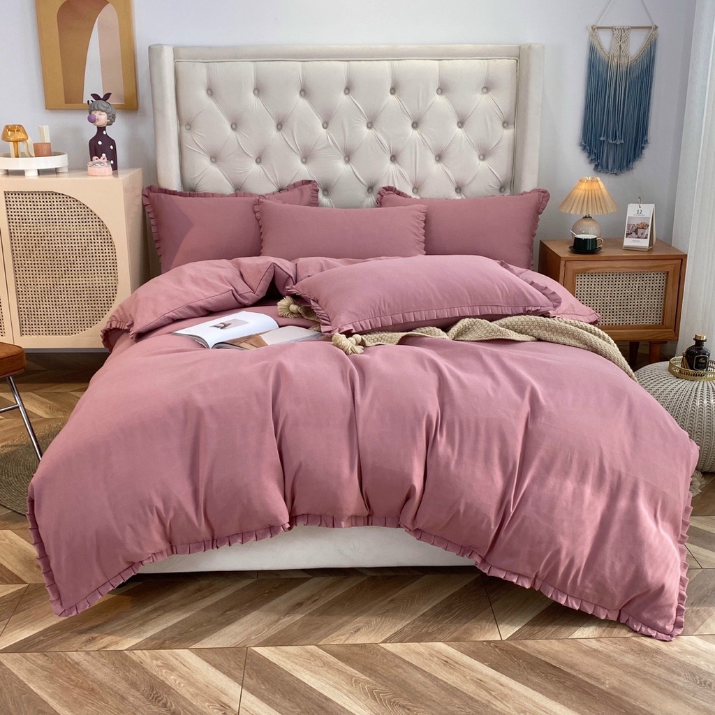 Bộ chăn ga gối riềm bèo cotton tici vải mềm mịn | BigBuy360 - bigbuy360.vn