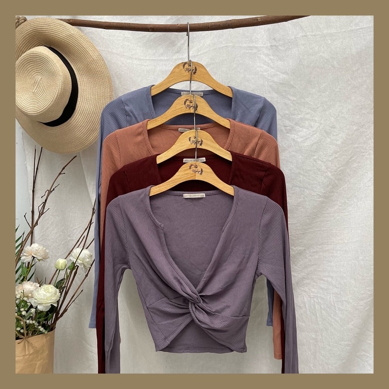 Áo CropTop Tay Dài Cổ V Xoắn Ngực ACTIVE USA