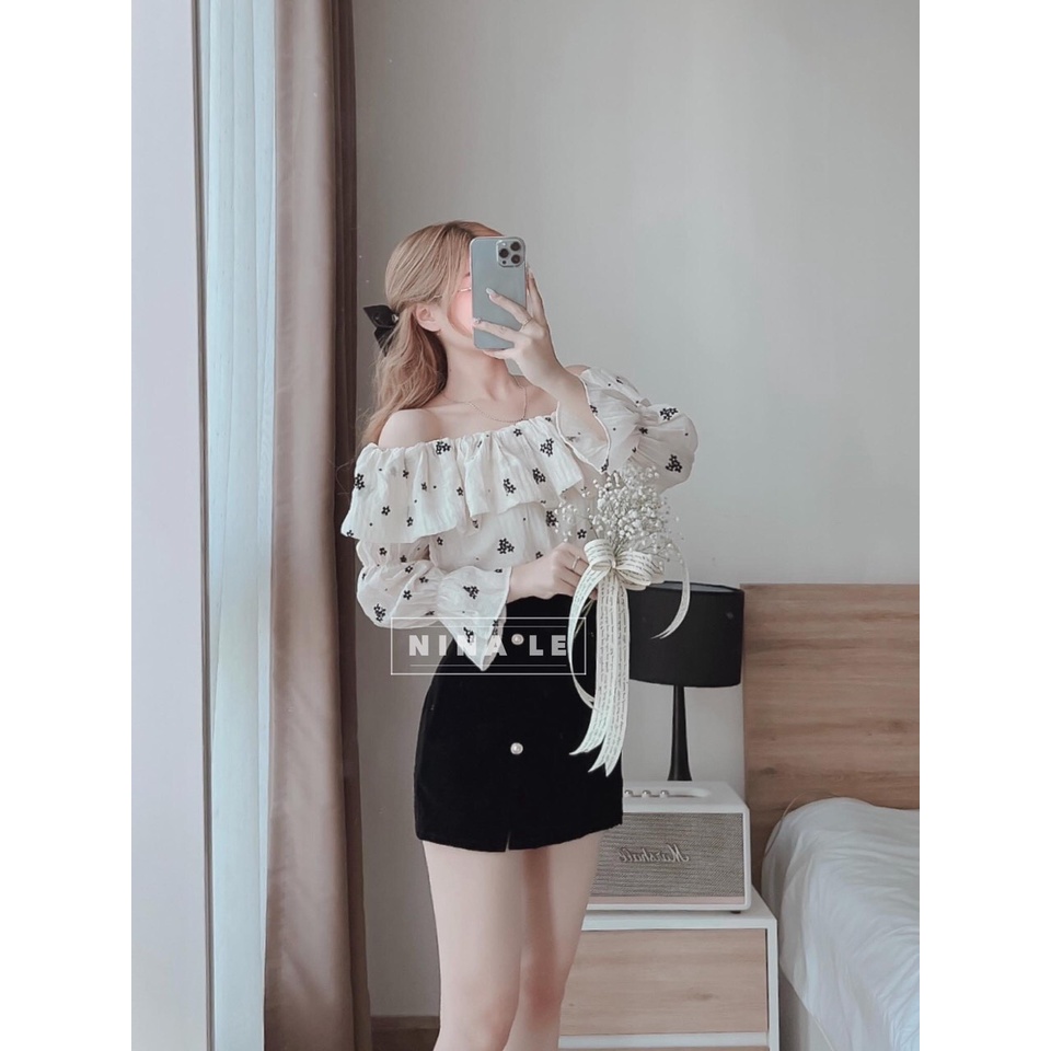 Áo trễ vai hoa nhí đũi nhăn dáng tay dài kèm ảnh thật