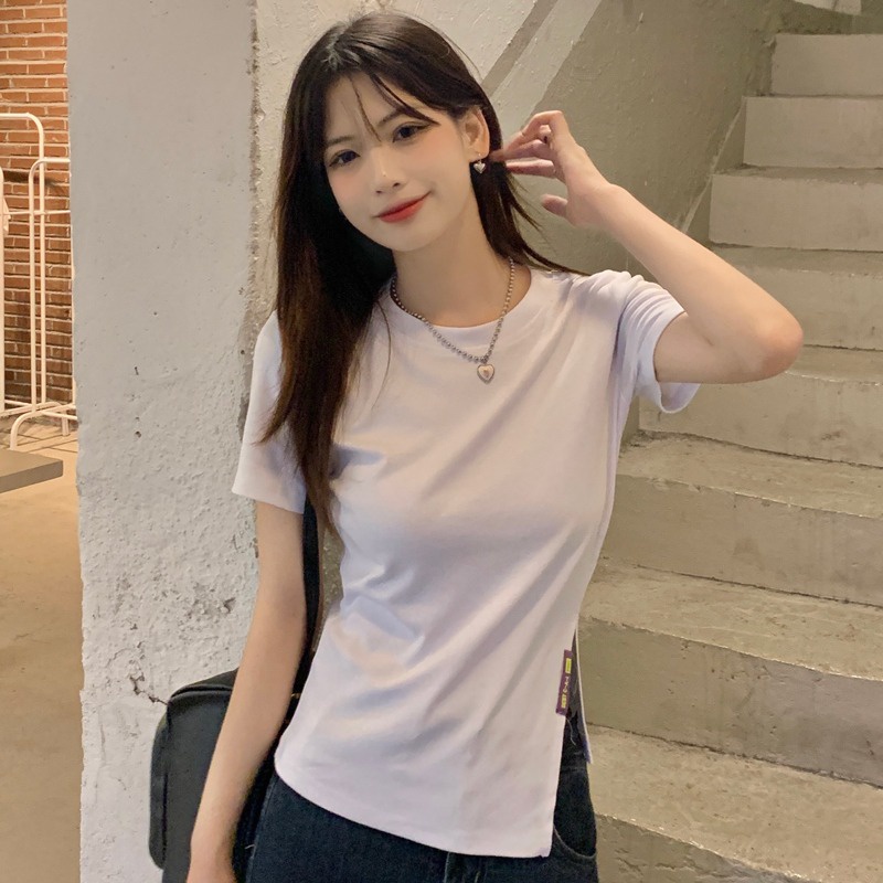 Áo Thun Tay Ngắn Cổ Tròn Xẻ Tà Màu Trắng/Đen Phong Cách Hàn Quốc Cho Nữ Size M-2XL