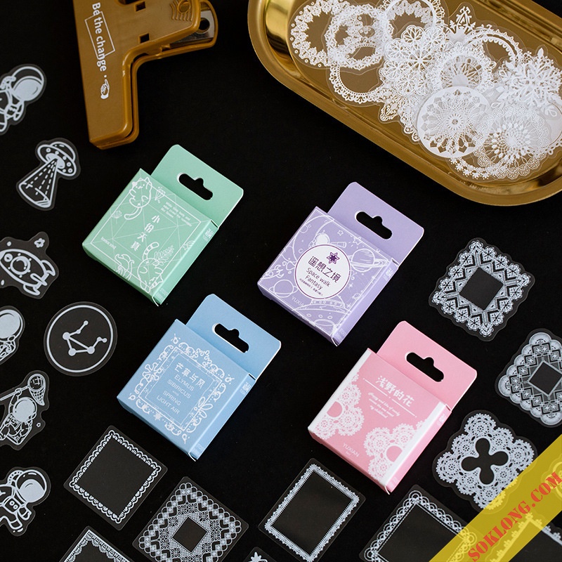 Hộp 50 sticker ren vintage/ hành tinh STI07, sticker trong suốt trang trí bullet journal, album