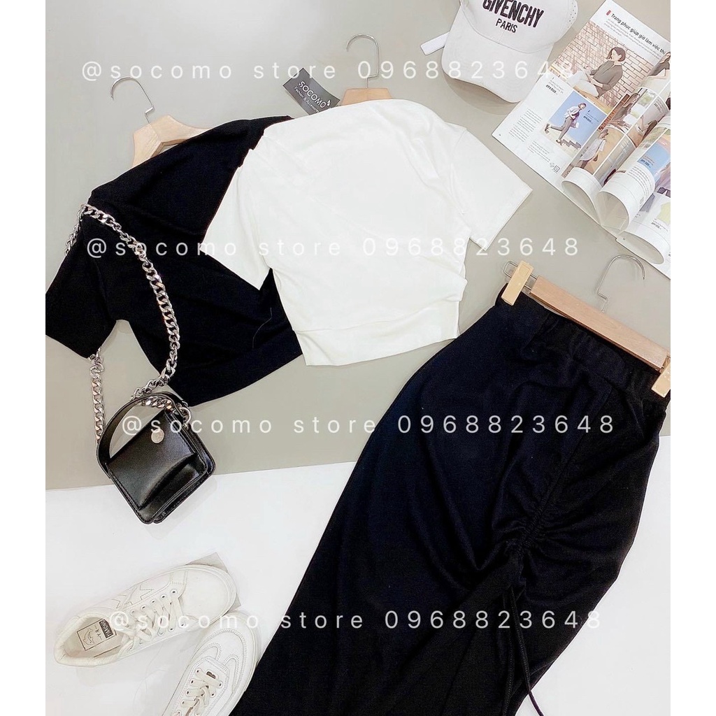 Set Đầm Thun Gân Áo Trễ Vai Kèm Chân Váy Dài Xẻ Tà Sexy Quyến Rũ 2 Màu Trắng Đen Nana