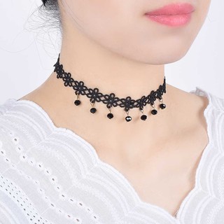 Vòng cổ nữ choker ren đen đính chuỗi hạt siêu xinh