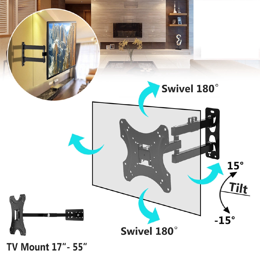 17-55 Inch Retractable 180 Degree Dual Arm Full Motion TV Wall Mount Tilt Swivels Monitor Stand Plasma Bracket