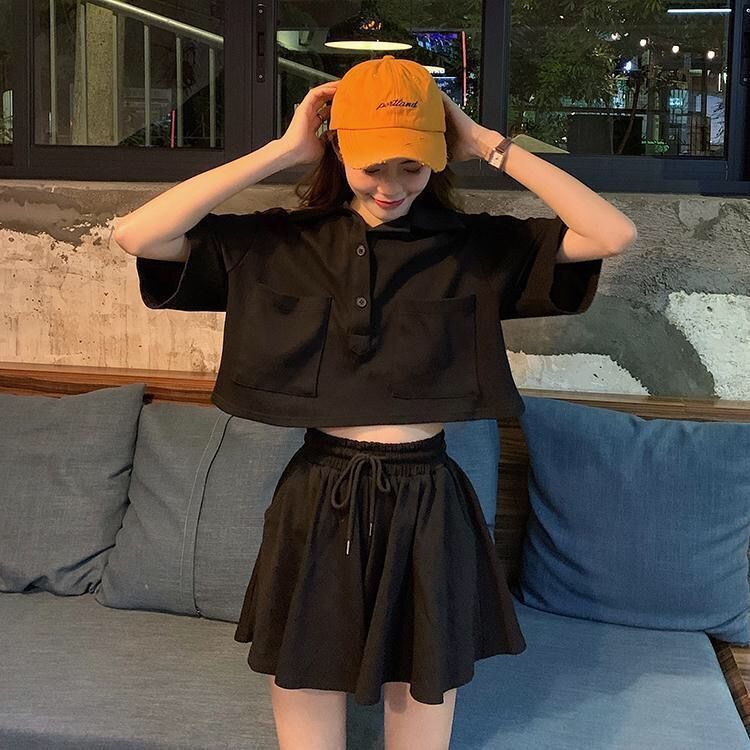 Set đồ COZOK gồm áo thun cổ lật ngắn tay và quần short ống rộng thời trang dành cho nữ