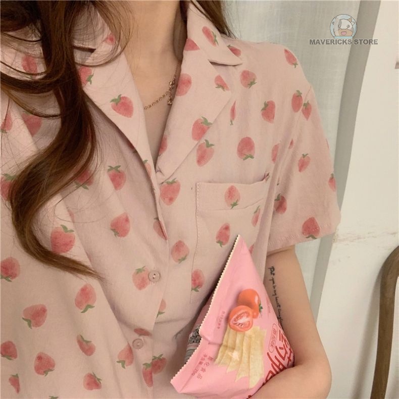 Bộ đồ ngủ ngắn tay họa tiết dâu tây dễ thương phong cách Hàn Quốc thời trang mùa hè cho nữ