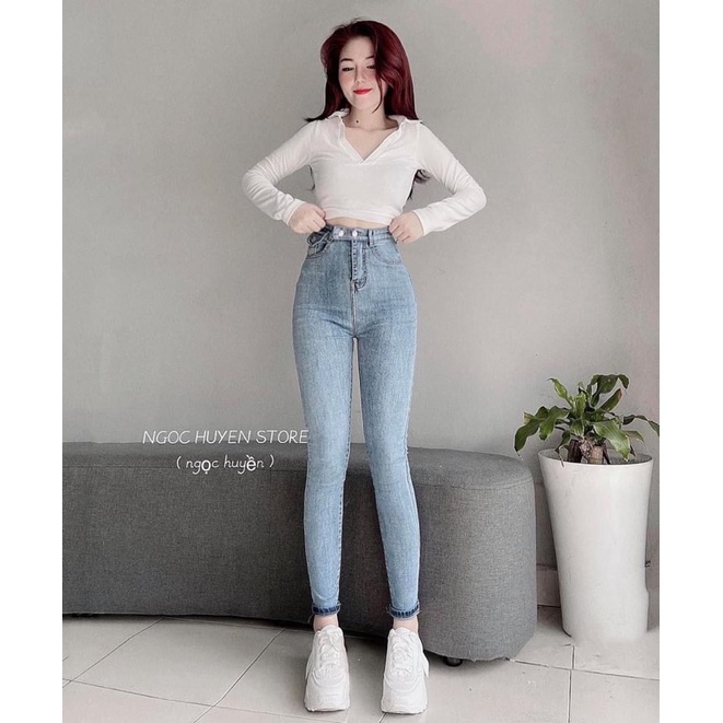 Quần jeans cạp cao nắp túi 2 khuy cài