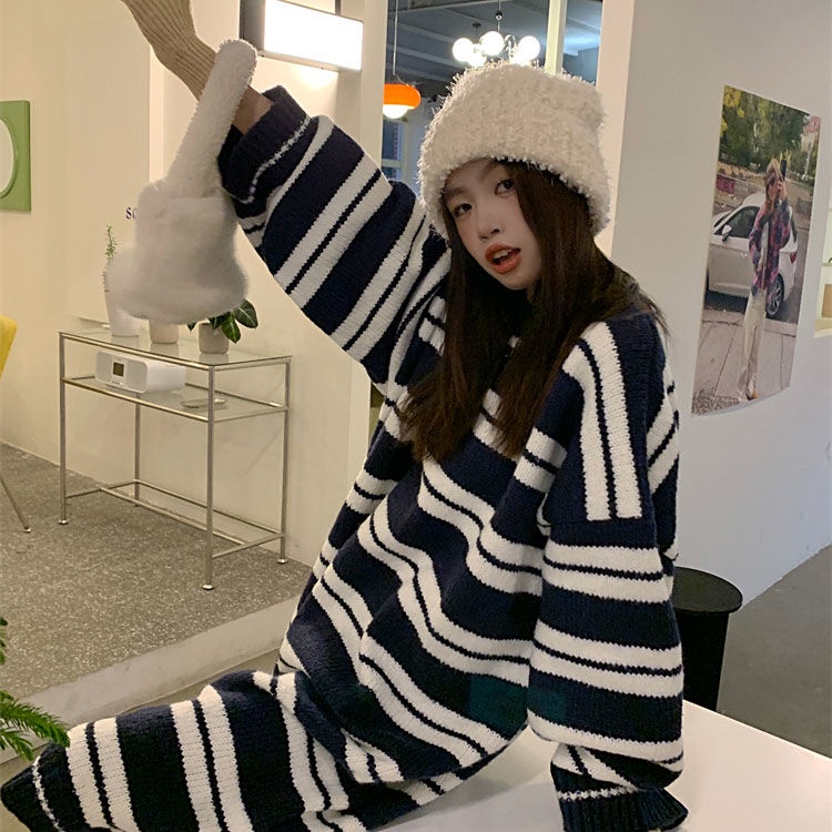 JSC Jiashucheng Đầm Sweater Dài Qua Gối Dáng Rộng Họa Tiết Kẻ Sọc Phong Cách Hàn Quốc Thời Trang Mùa Xuân Mới