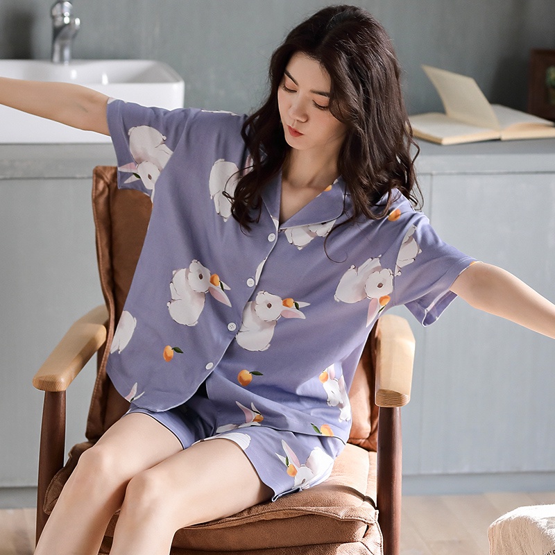 Bộ Đồ Ngủ 100% Cotton Tay Ngắn In Hình Thỏ Dễ Thương Xinh Xắn