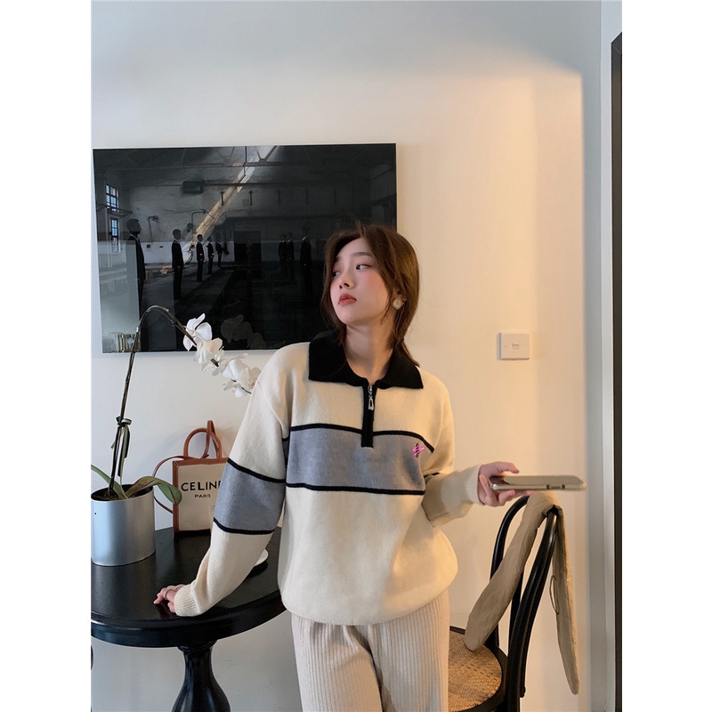 Áo Dệt Kim Dài Tay Dáng Rộng Họa Tiết Kẻ Sọc Phong Cách Mỹ Thời Trang 47665