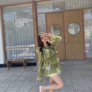 Set áo xanh bèo tay phồng xếp ly + short lưng thun🖤