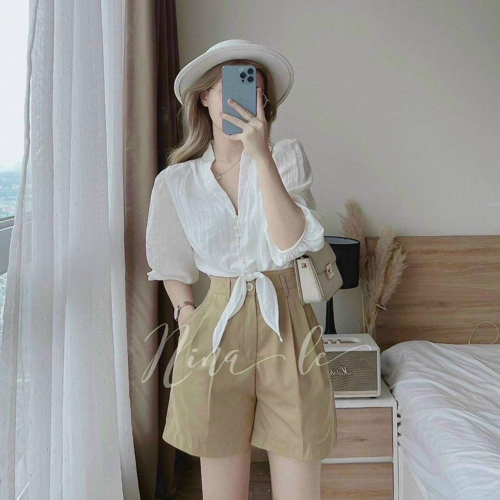 [8.8 Sales Freeship] Set bộ áo sơ mi trắng cổ v tay phồng cột dây + quần short đùi nâu cá tính, trẻ trung