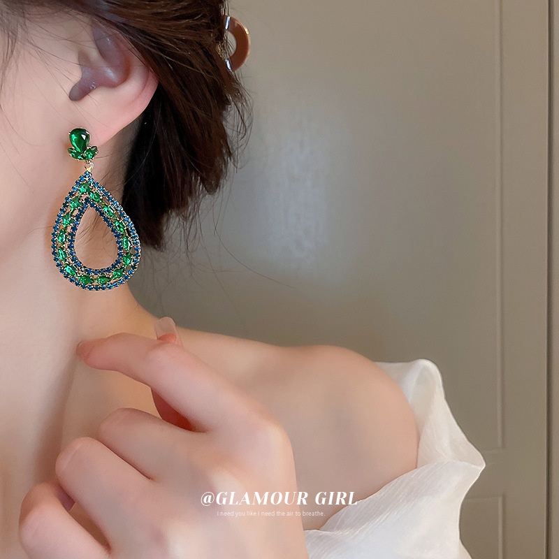 Bông Tai Mạ Bạc Hình Giọt Nước Đính Đá Zircon Màu Ngọc Lục Bảo Sang Trọng