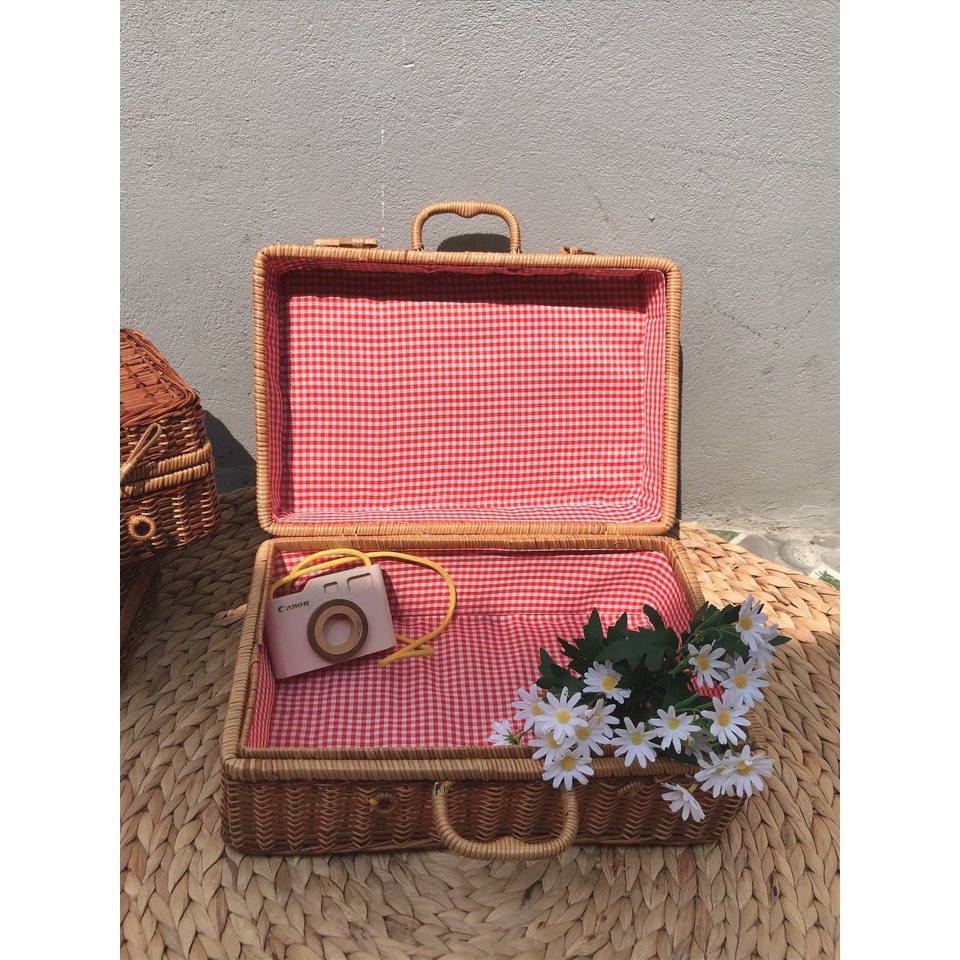 Vali mây làn tế, trang trí, giỏ picnic, chụp hình studio có lót vải, 3 kích thước Lót vải/ Vintage