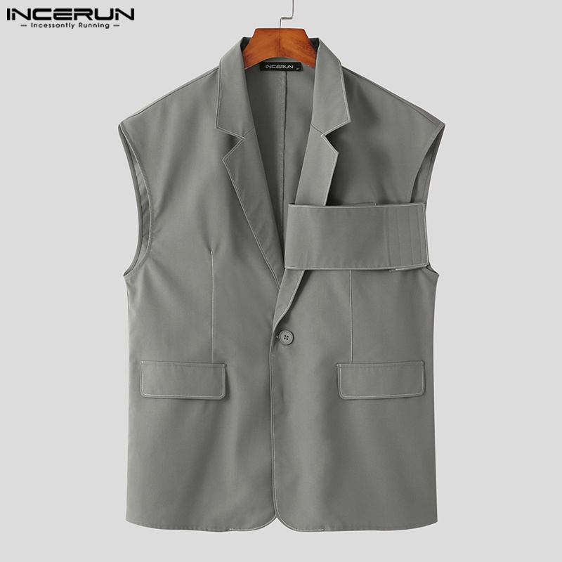 Áo khoác không tay INCERUN dáng rộng cổ bẻ phối túi thời trang cá tính cho nam