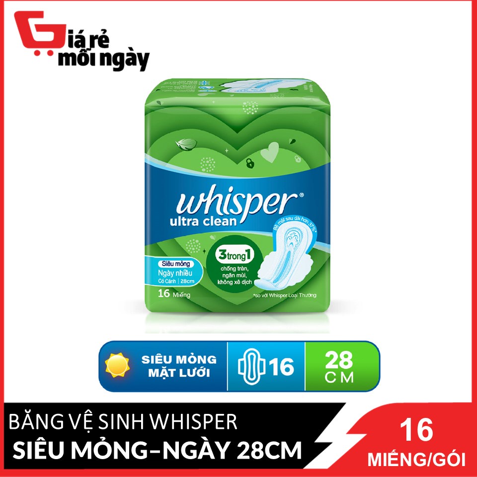 [Mẫu mới] Băng vệ sinh Whisper Có cánh Ngày nhiều VÀ Đêm 3in1 dài 28cm 16 miếng