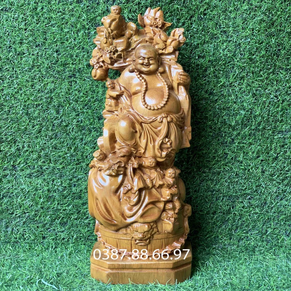 Phật Di Lặc Gánh Đào Cao 30 40cm Gỗ Bách Xanh Cực Đẹp