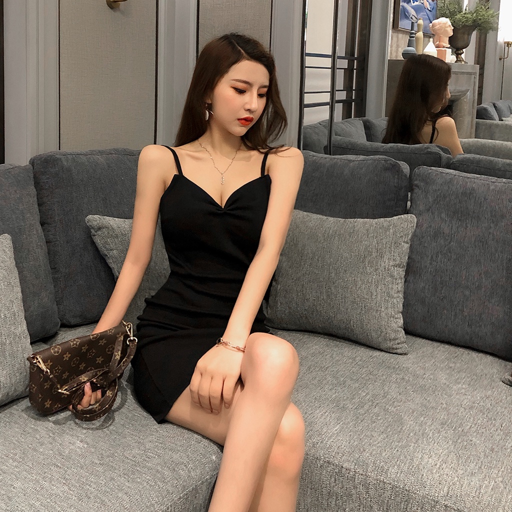 DUNEA Đầm Hai Dây Hở Lưng Màu Đen Quyến Rũ Cho Nữ 3.8