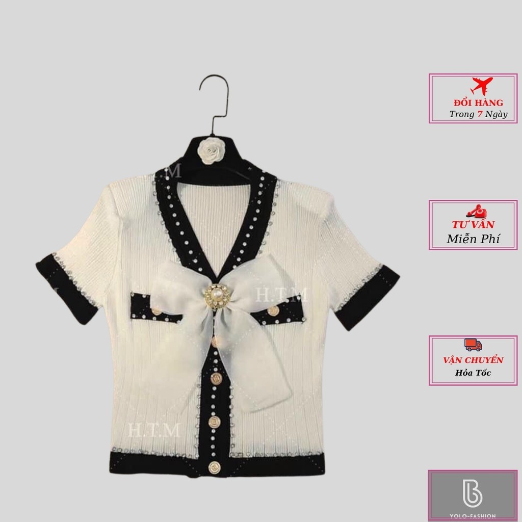 Áo cardigan len tay ngắn cổ nơ đính hạt cao cấp kiểu dáng ulzzang Hàn Quốc thời trang nữ yolo fashion