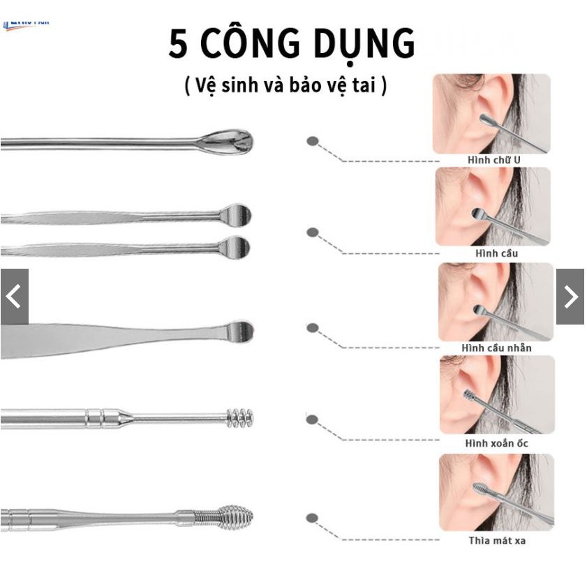 Bộ dụng cụ lấy ráy tai 6 chi tiết thép không rỉ cao cấp kèm hộp đựng móc khóa tiện dụng giữ vệ sinh
