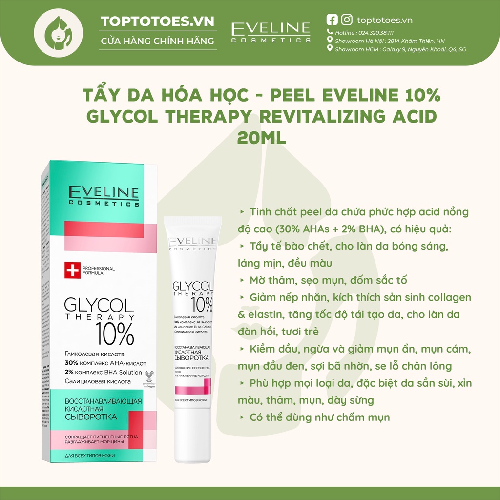 Tẩy da chết hoá học Eveline Glycol Therapy 10% Revitalizing Acid Peel cho da láng mịn, đều màu, căng bóng, ngừa mụn