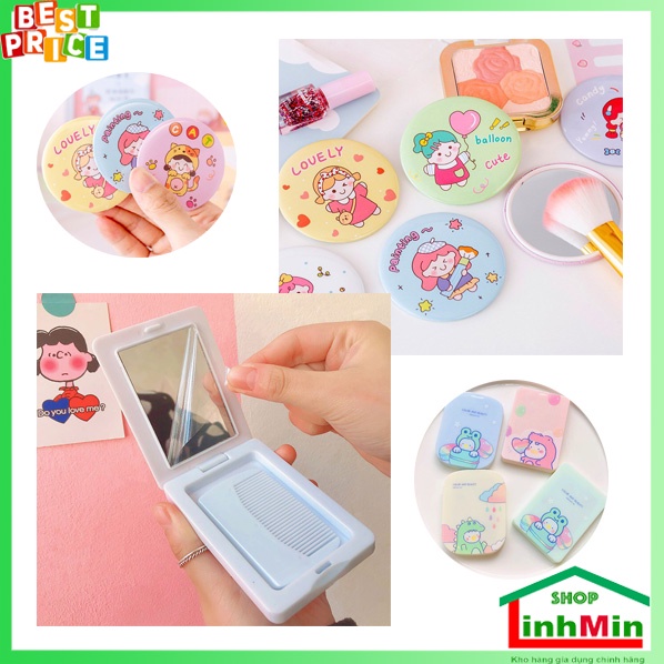 Gương mini tròn cute, gương trang điểm mini kèm lược xinh xắn, gọn gàng, tiện lợi