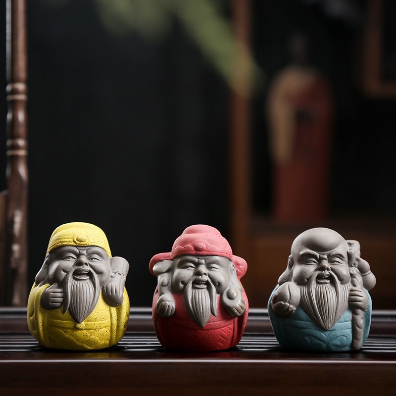 Bộ tượng Tam đa Phúc Lộc Thọ mini bằng gốm tử sa, tượng trang trí phong thủy bàn làm việc, bàn trà nhiều mẫu