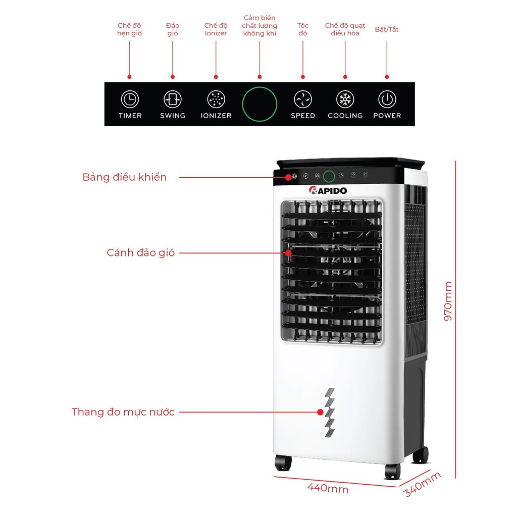 Quạt điều hòa Rapido FRESH 6000D _ Bảo hành chính hãng tới 12 tháng , Tặng 2 cục đá khô , 4 Bánh xe , Bảo hành tại nhà