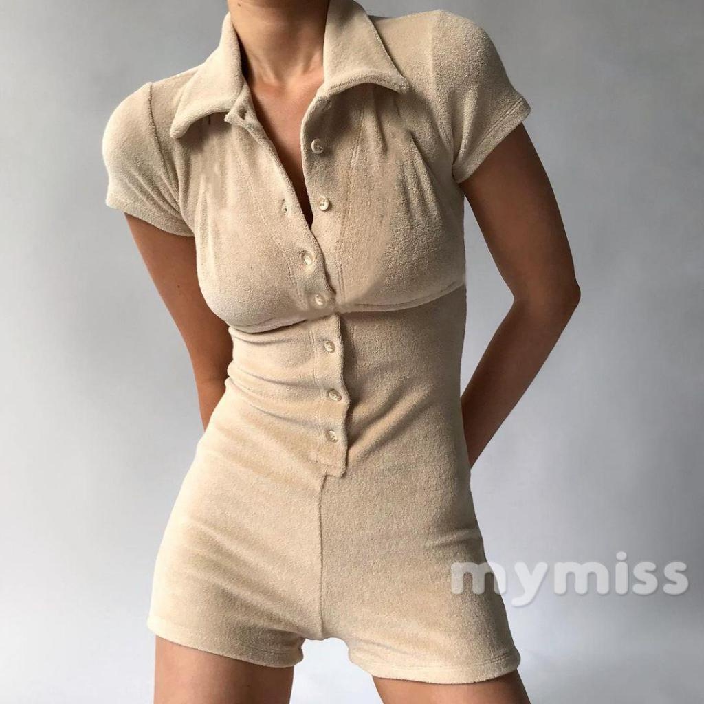 Bộ áo liền quần cổ bẻ cài nút tay ngắn màu trơn size S/ M/ L/ XL
 | BigBuy360 - bigbuy360.vn