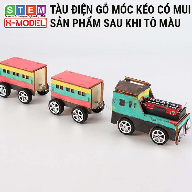 Xe đồ chơi STEM Tàu điện gỗ có móc kéo X-MODEL cho bé, Đồ chơi sáng tạo cho bé DIY| Giáo dục STEM, STEAM