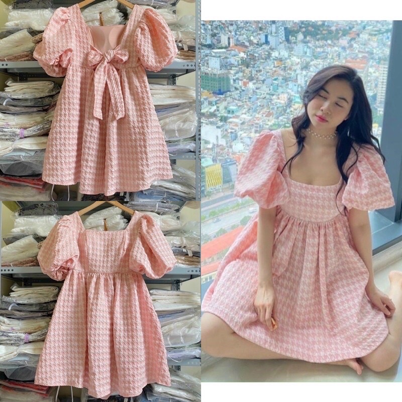 233 Đầm babydoll gấm xốp cổ vuông thắt nơ