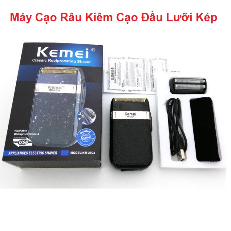 Máy Cạo Râu Lưỡi Kép, Tặng 1 Đầu Thay Thế - Model Kemei KM-2024 - Sạc USB Thông Minh  - Bảo Hành 12 Tháng