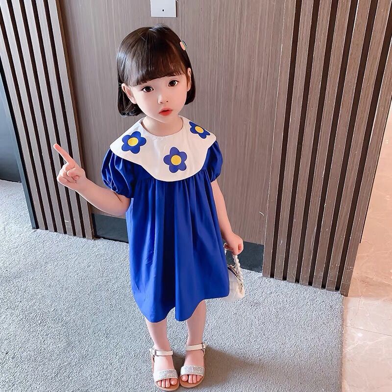 Váy công chúa tay ngắn cổ bẻ in họa tiết hoa thời trang mùa hè phong cách Hàn Quốc cho bé gái 2021