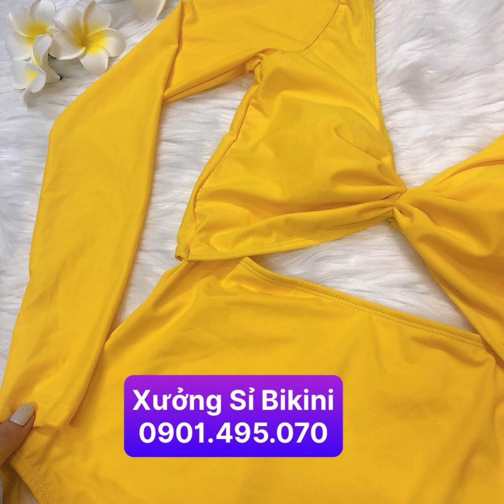 Bikini Đồ bơi liền mảnh tay dài cổ tim NHÚN NGỰC khoét lưng màu đen sang chảnh
