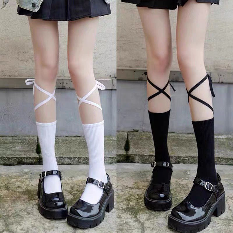 Tất Vớ nữ ullzang buộc dây 2 màu Tất dài dưới gối nữ sinh phối với giày sneaker, mj,...