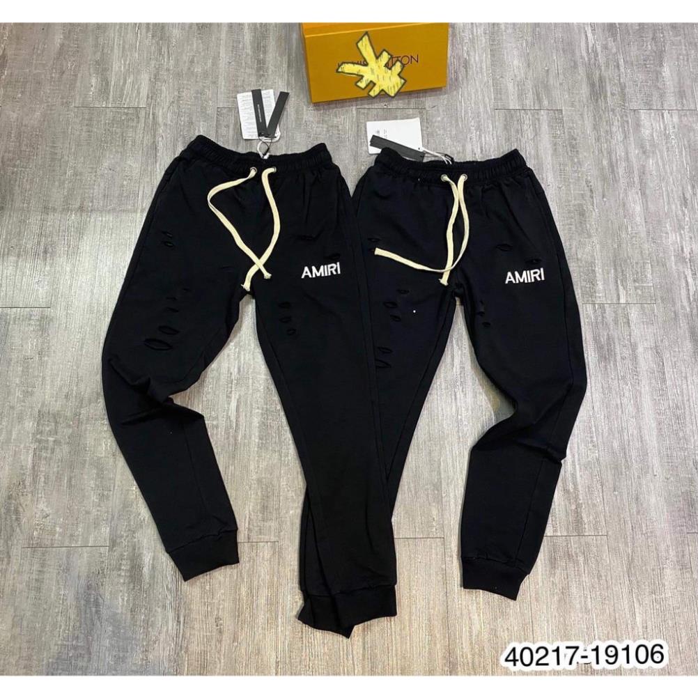 Quần nỉ dài ống bo amiri - Quần Jogger nỉ nam thêu chữ amiri tạo rách phong cách - quần nỉ thu đông nam nữ