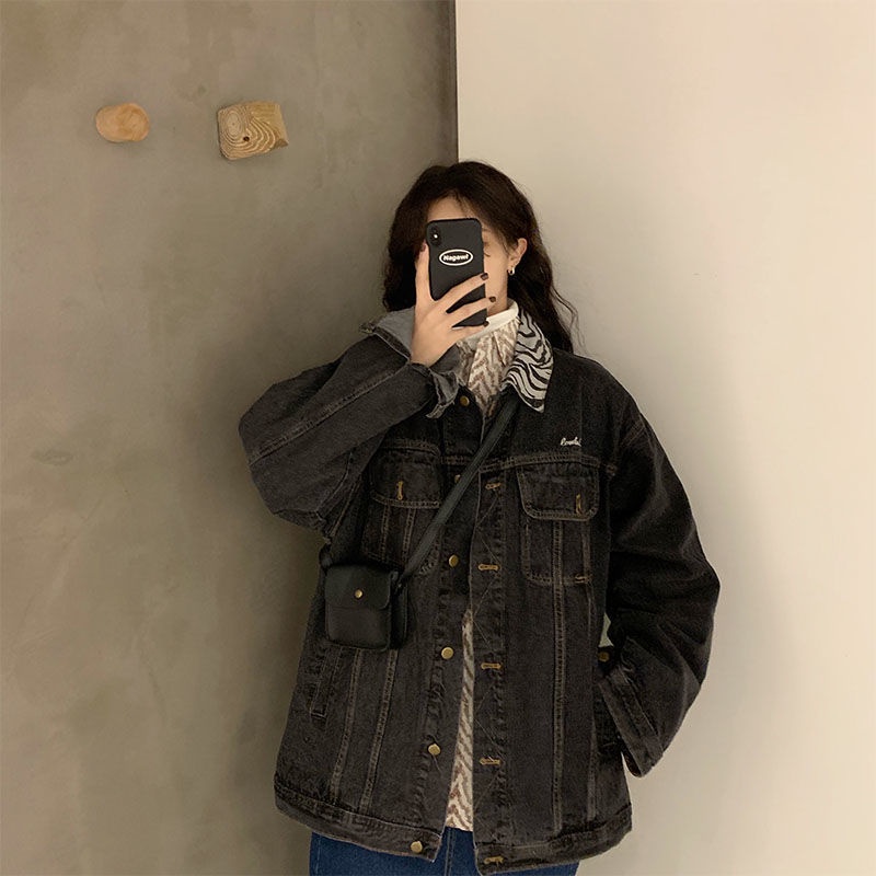 Áo Khoác Denim Dáng Rộng Họa Tiết Da Báo Phong Cách Retro Hong Kong Cho Nữ