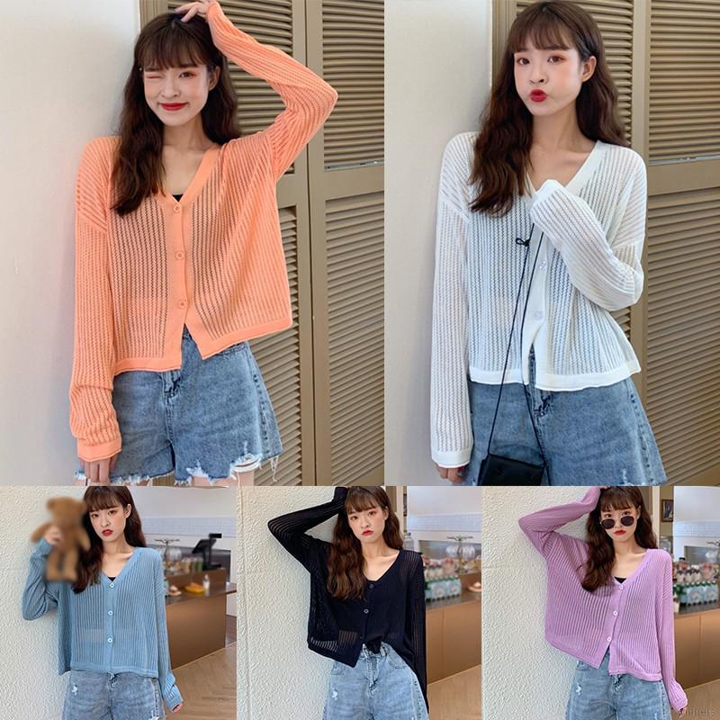 Áo Khoác Cardigan Dệt Kim Mỏng Tay Dài Cổ Chữ V Thiết Kế Xinh Xắn Cho Nữ