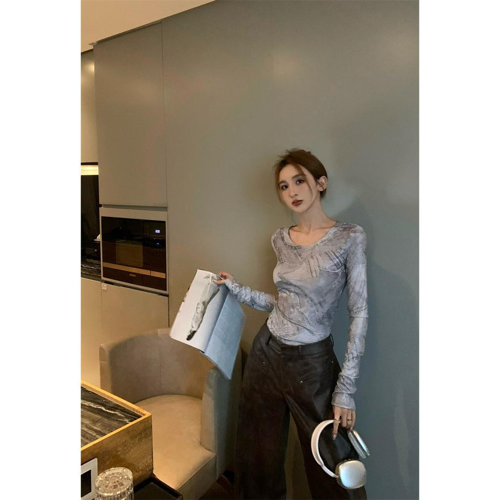 Cocory vn Áo Thun Tay Dài Dáng Ôm Hở Lưng In Họa Tiết Cổ Điển Thời Trang Phong Cách Hàn Quốc Cho Nữ