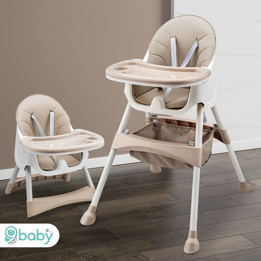 Ghế ăn dặm điều chỉnh độ cao Hanbei / 9BABY màu nâu đầy đủ phụ kiện chính hãng bao bì xanh