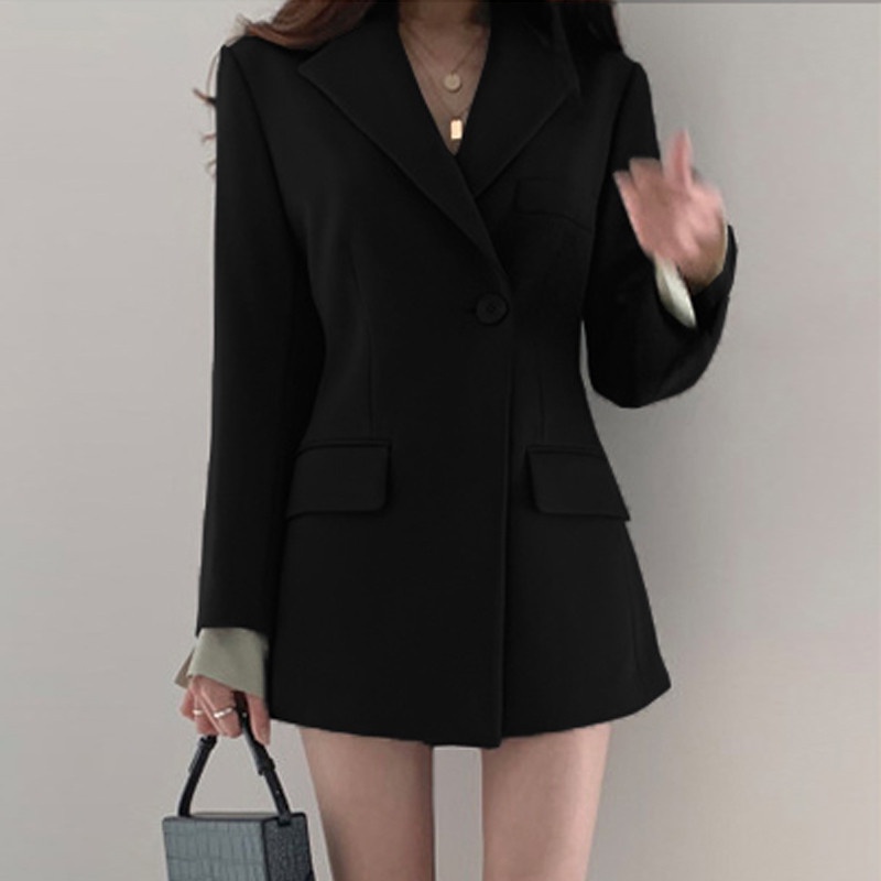 Áo khoác blazer IELGY dài tay màu trơn phong cách cổ điển Hồng Kông cho nữ