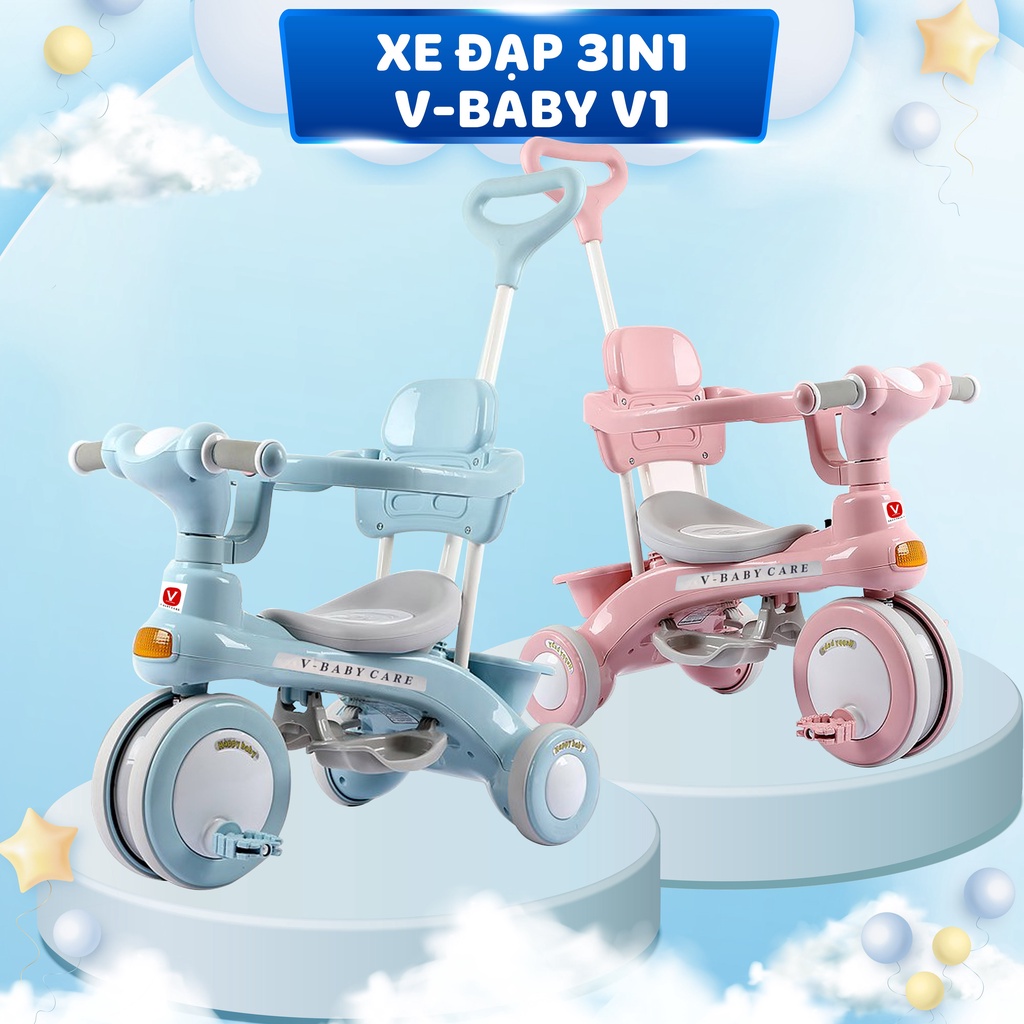 Xe Đạp 3 Bánh V-Baby V1  Có Cần Đẩy Có Thể Phát Nhạc Cho Bé - Mẫu mới 2022 - Bảo hành chính hãng 1 năm