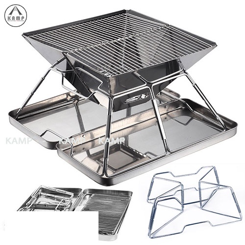 Bếp nướng Camping, Bếp than nướng xếp siêu gọn inox dày đi phượt cắm trại dã ngoại