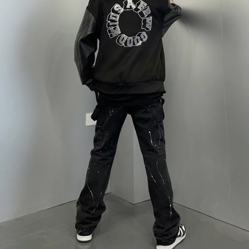 Quần jean ống suông unisex nam nữ hoạ tiết mực bắn phong cách cổ điển Mỹ - quần jean nam nữ suông thẳng ống