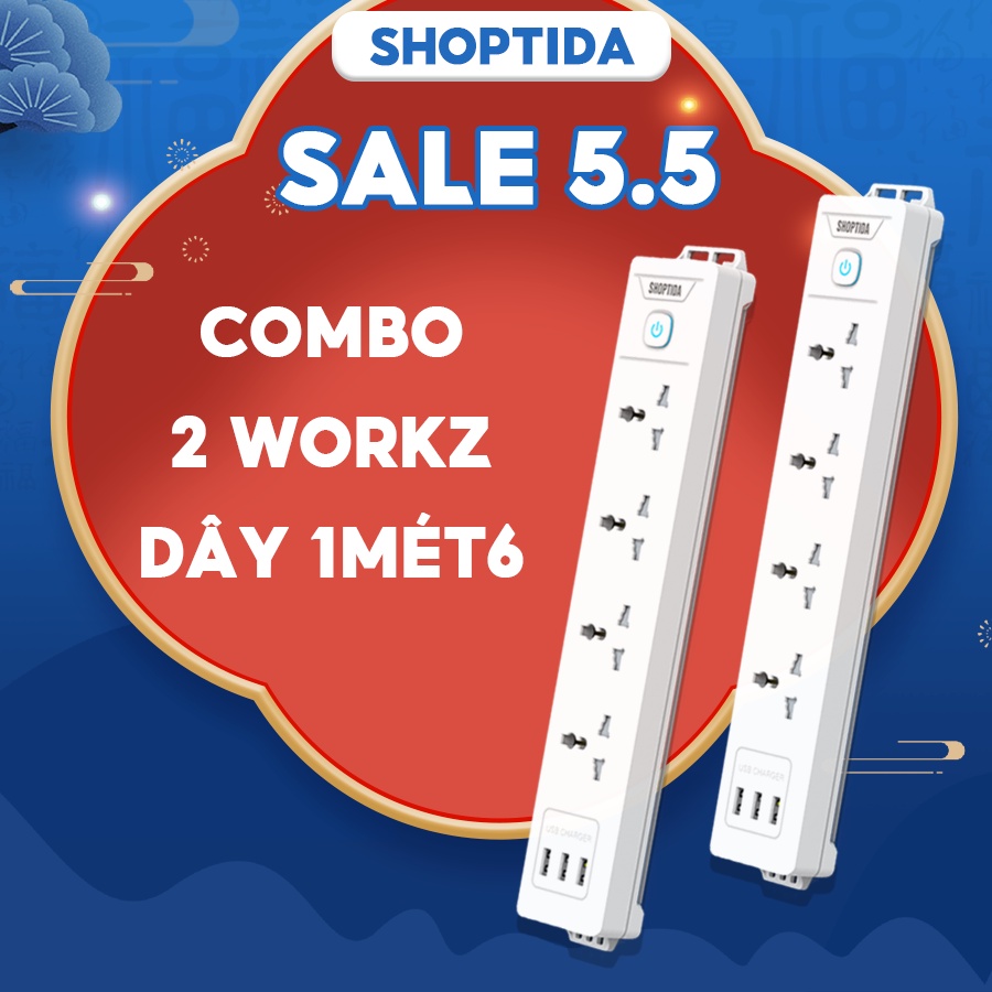 Combo Ổ Cắm Điện Đa Năng WORKZ Shoptida 3 Cổng USB sạc tối đa 12W và Ổ Điện chịu tải 2500W Dây nối dài 2.4M